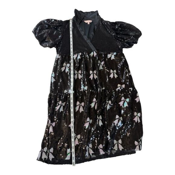 Simply Southern Collection Black Sequin Bow Puff Sleeve Collared Mini Dress -S - Picture 4 of 7